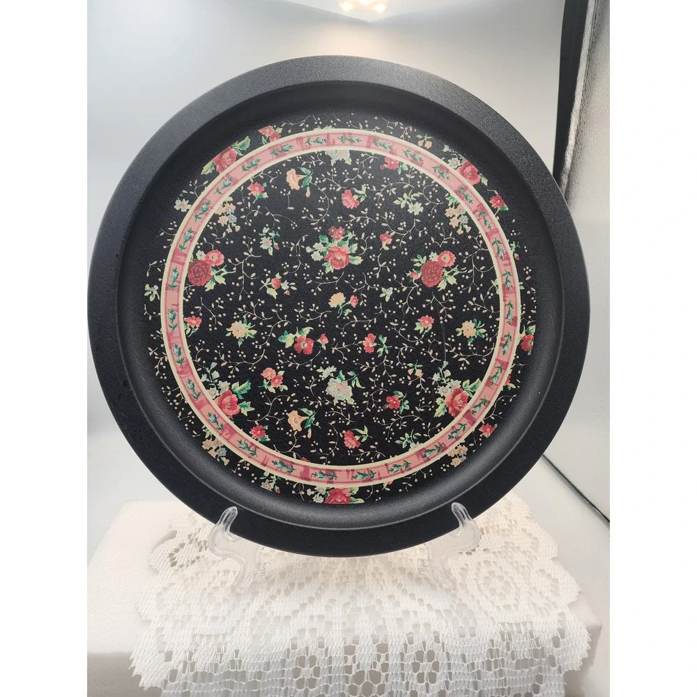 Vintage Style Round Metal Floral Serving Tray Black Pink Rose‎ 12.5 Inch Tin